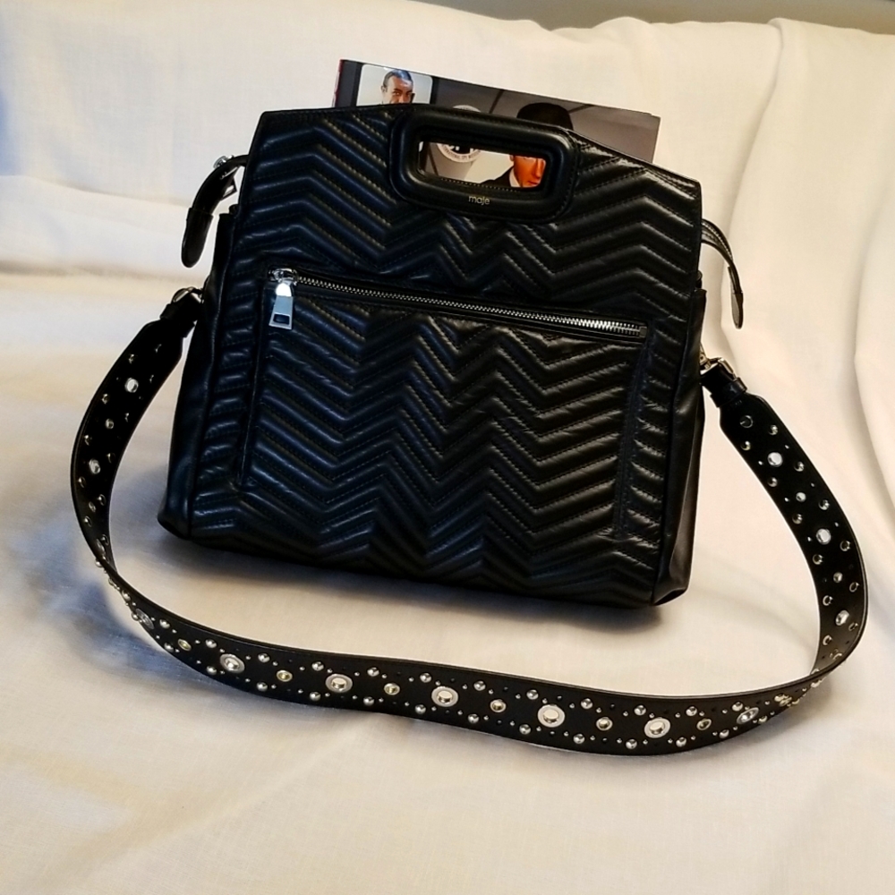 Maje Black Leather Large Quilled Sac/Tote w/Shoulder Strap